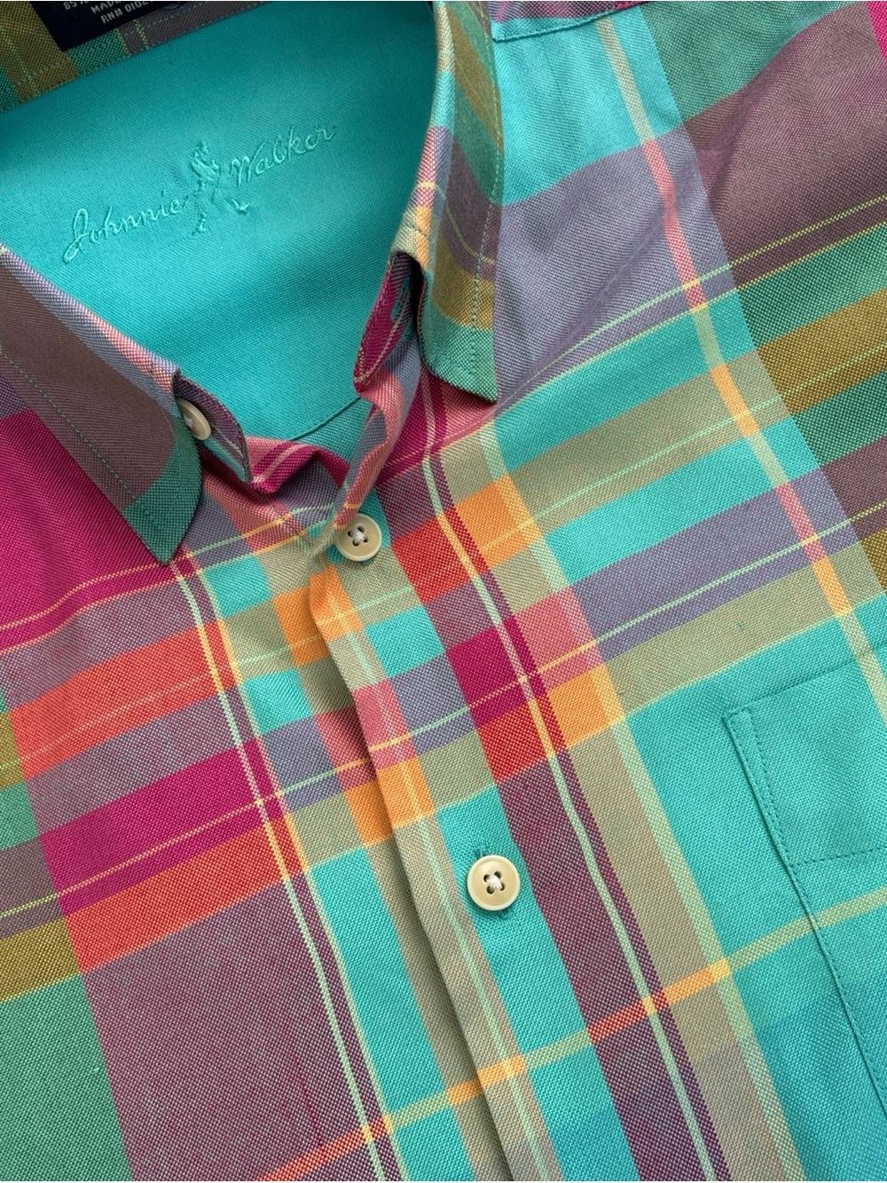 Johnnie Walker Men's Silk Tencel Shirt Large L Colorful Madras Plaid Embroidered